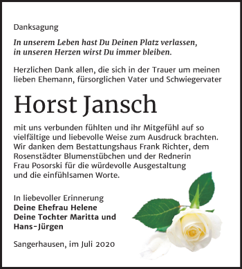 Traueranzeige von Horst Jansch von Super Sonntag Sangerhausen