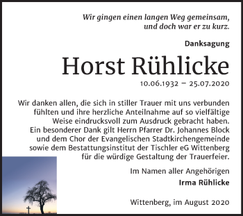 Traueranzeige von Horst Rühlicke von Super Sonntag Wittenberg