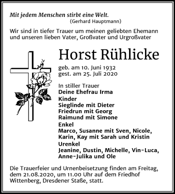 Traueranzeige von Horst Rühlicke von Super Sonntag Wittenberg