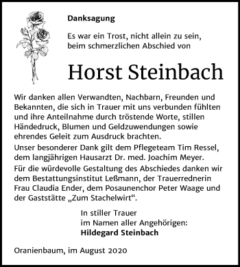 Traueranzeige von Horst Steinbach von Super Sonntag Wittenberg