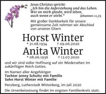 Traueranzeige von Horst und Anita Winter von Super Sonntag Wittenberg