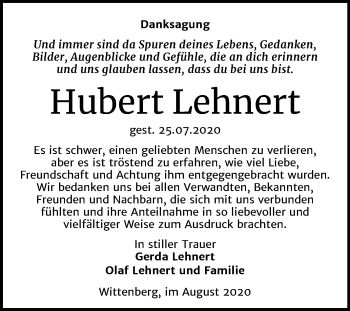 Traueranzeige von Hubert Lehnert von Super Sonntag Wittenberg