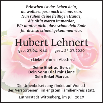 Traueranzeige von Hubert Lehnert von Mitteldeutsche Zeitung Wittenberg