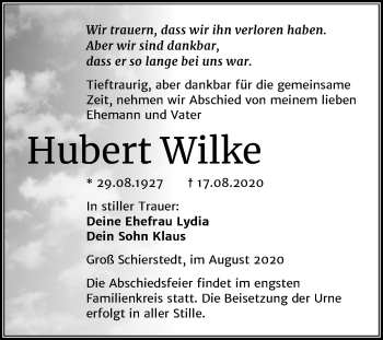 Traueranzeige von Hubert Wilke von Super Sonntag Aschersleben