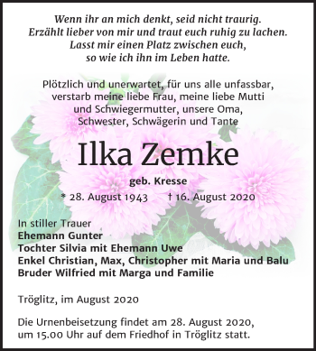 Traueranzeige von Ilka Zemke von Super Sonntag Zeitz