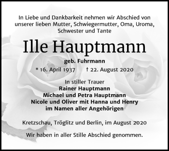Traueranzeige von Ille Hauptmann von Super Sonntag Zeitz