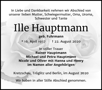 Traueranzeige von Ille Hauptmann von Mitteldeutsche Zeitung Zeitz