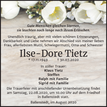 Traueranzeige von Ilse-Dore Tietz von Mitteldeutsche Zeitung Quedlinburg