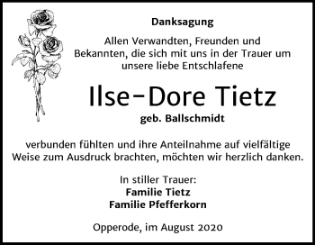 Traueranzeige von Ilse-Dore Tietz von Mitteldeutsche Zeitung Quedlinburg