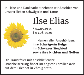 Traueranzeige von Ilse Elias von Wochenspiegel Bitterfeld