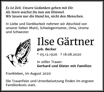 Traueranzeige von Ilse Gärtner von Super Sonntag Merseburg/Querfurt