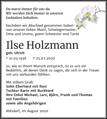 Traueranzeige von Ilse Holzmann von Mitteldeutsche Zeitung Mansfelder Land