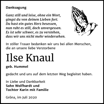 Traueranzeige von Ilse Knaul von Mitteldeutsche Zeitung Bernburg