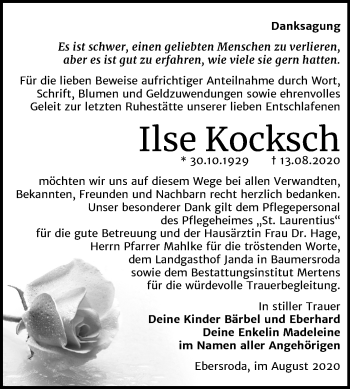 Traueranzeige von Ilse Kocksch von Mitteldeutsche Zeitung Naumburg/Nebra