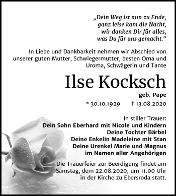 Traueranzeige von Ilse Kocksch von Mitteldeutsche Zeitung Naumburg/Nebra