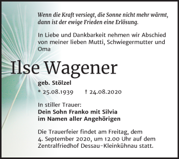 Traueranzeige von Ilse Wagener von Mitteldeutsche Zeitung Dessau-Roßlau