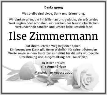 Traueranzeige von Ilse Zimmermann von Mitteldeutsche Zeitung Mansfelder Land