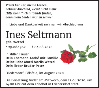 Traueranzeige von Ines Seltmann von Mitteldeutsche Zeitung Sangerhausen