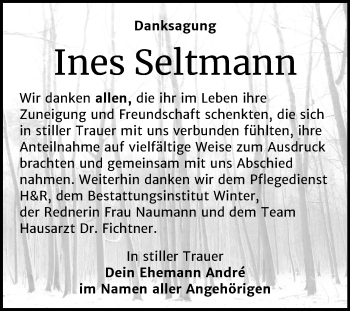 Traueranzeige von Ines Seltmann von Mitteldeutsche Zeitung Bitterfeld