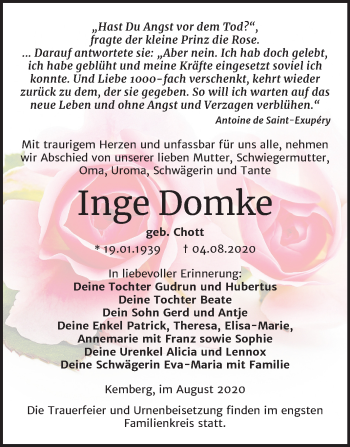 Traueranzeige von Inge Domke von Mitteldeutsche Zeitung Wittenberg