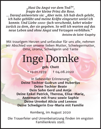 Traueranzeige von Inge Domke von Super Sonntag Wittenberg