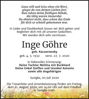 Traueranzeige von Inge Göhre von Super Sonntag Köthen