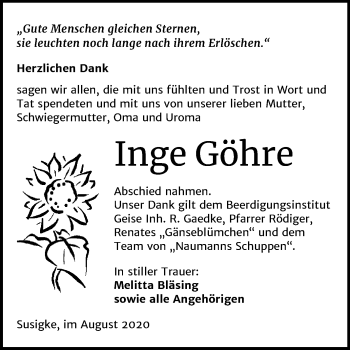 Traueranzeige von Inge Göhre von Super Sonntag Köthen