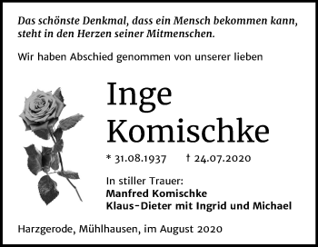 Traueranzeige von Inge Komischke von Super Sonntag Sangerhausen