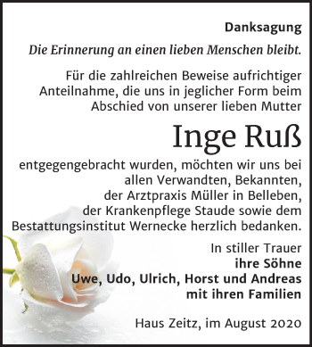 Traueranzeige von Inge Ruß von Wochenspiegel Bernburg