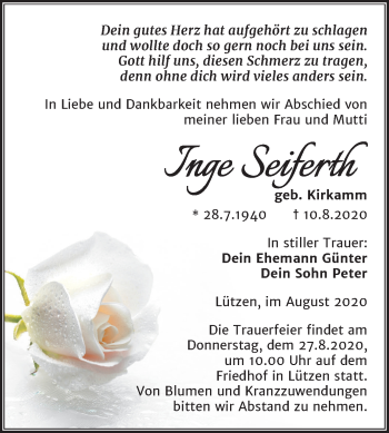 Traueranzeige von Inge Seiferth von Wochenspiegel Weißenfels