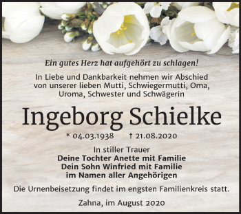 Traueranzeige von Ingeborg Schielke von Mitteldeutsche Zeitung Wittenberg