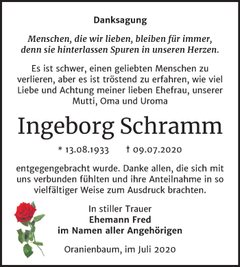Traueranzeige von Ingeborg Schramm von Super Sonntag Wittenberg