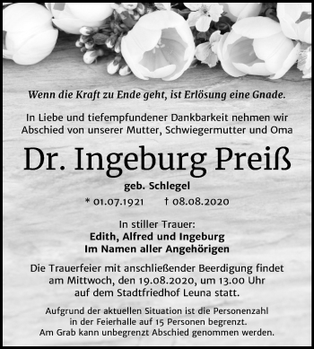 Traueranzeige von Ingeburg Preiß von Super Sonntag Merseburg/Querfurt