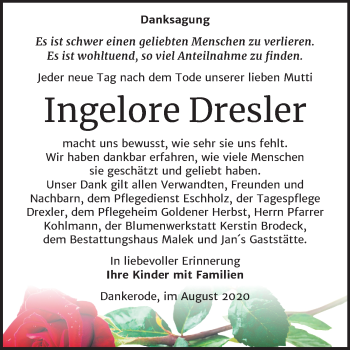 Traueranzeige von Ingelore Dresler von Super Sonntag Quedlinburg