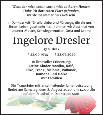 Traueranzeige von Ingelore Dresler von Super Sonntag Quedlinburg