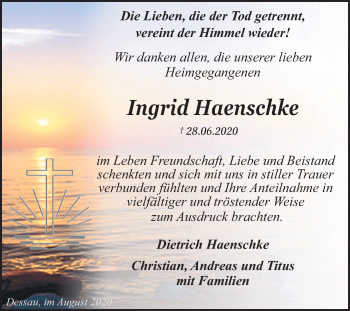 Traueranzeige von Ingrid Haenschke von Mitteldeutsche Zeitung Dessau-Roßlau