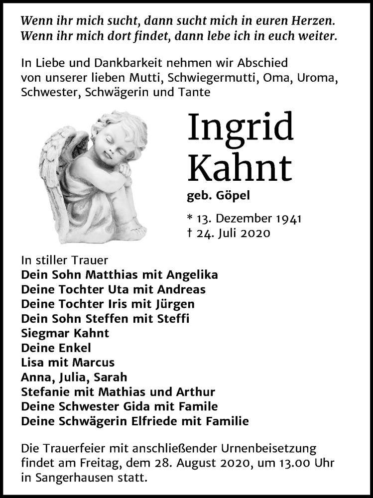  Traueranzeige für Ingrid Kahnt vom 22.08.2020 aus Super Sonntag Sangerhausen