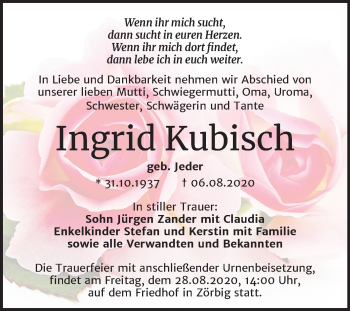 Traueranzeige von Ingrid Kubisch von Wochenspiegel Bitterfeld