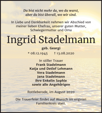 Traueranzeige von Ingrid Stadelmann von Mitteldeutsche Zeitung Sangerhausen