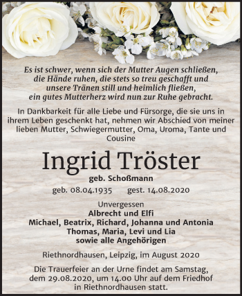 Traueranzeige von Ingrid Tröster von Super Sonntag Sangerhausen