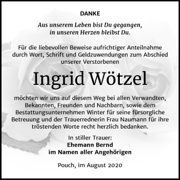Traueranzeige von Ingrid Wötzel von Wochenspiegel Bitterfeld