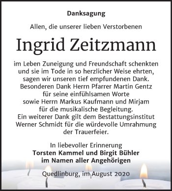 Traueranzeige von Ingrid Zeitzmann von Mitteldeutsche Zeitung Quedlinburg