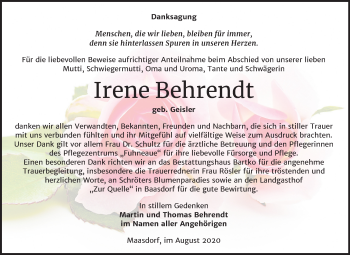 Traueranzeige von Irene Behrendt von Mitteldeutsche Zeitung Köthen
