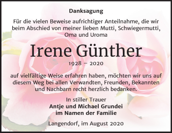 Traueranzeige von Irene Günther von Mitteldeutsche Zeitung Weißenfels