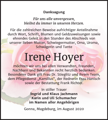 Traueranzeige von Irene Hoyer von Mitteldeutsche Zeitung Sangerhausen