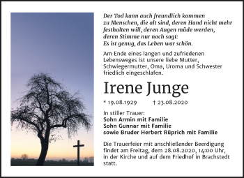 Traueranzeige von Irene Junge von Mitteldeutsche Zeitung Halle/Saalkreis