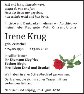 Traueranzeige von Irene Krug von Mitteldeutsche Zeitung Zeitz