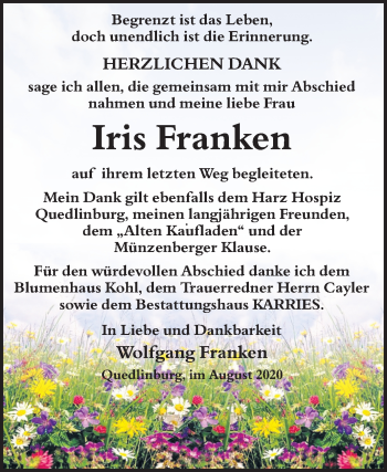Traueranzeige von Iris Franken von Mitteldeutsche Zeitung Quedlinburg