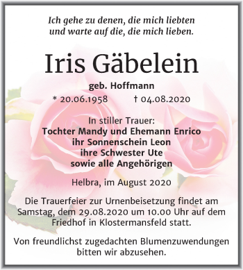 Traueranzeige von Iris Gäbelein von Mitteldeutsche Zeitung Mansfelder Land