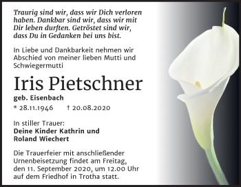 Traueranzeige von Iris Pietschner von Mitteldeutsche Zeitung Halle/Saalkreis